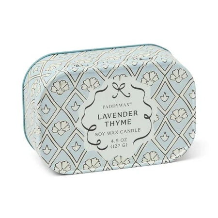 Candela Cherie in latta stampata da 127 g (4,5 oz) - Blu e bianco - Lavanda e timo