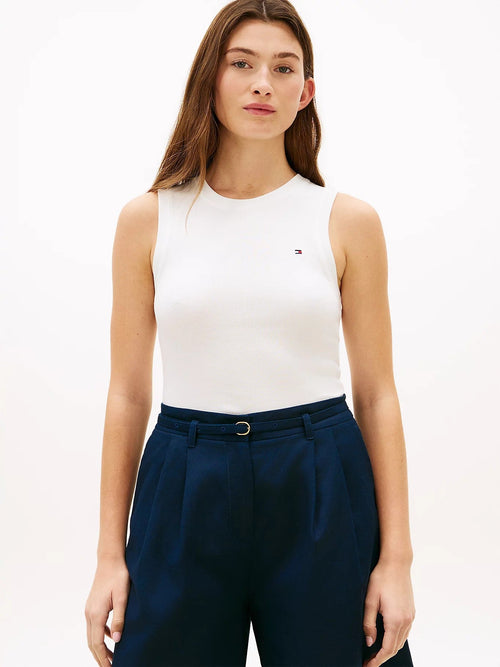 Tommy Hilfiger canotta / T-shirt donna in cotone bianca con logo ricamato slim fit