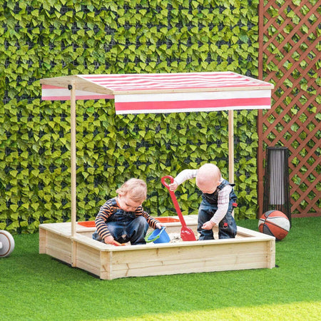 Sabbiera-per-Bambini-3-8-Anni-con-Tettuccio-Regolabile,-in-Legno-di-Abete-e-Poliestere,-118x118x118-cm-ED343-048ED33