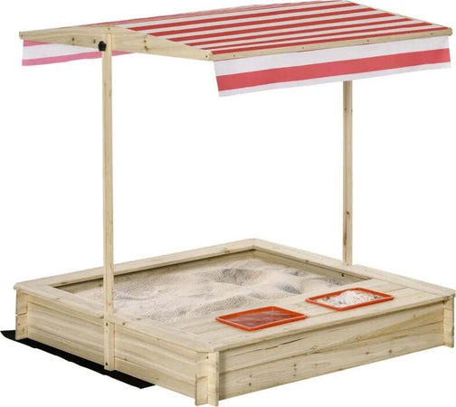 Sabbiera-per-Bambini-3-8-Anni-con-Tettuccio-Regolabile,-in-Legno-di-Abete-e-Poliestere,-118x118x118-cm-ED343-048ED33