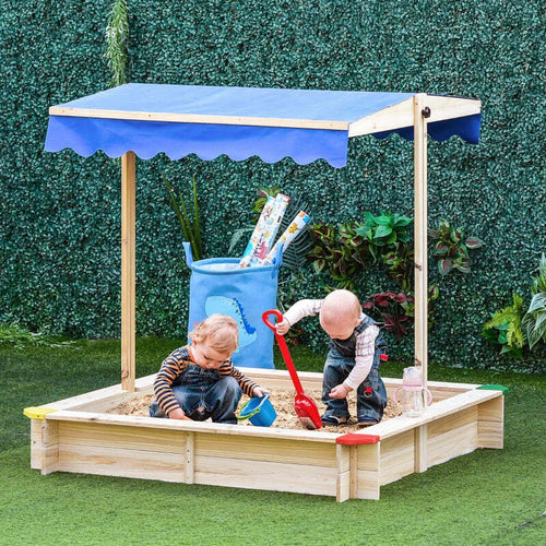 Sabbiera-per-Bambini-in-Legno-con-Panca-e-Tettuccio-Parasole-Regolabile,-120x120x120cm,-Colore-Legno-e-Blu-ED5343-035ED5