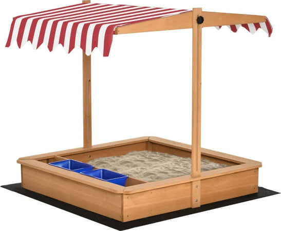 Sabbiera-per-Bambini-in-Legno-con-Tettuccio-Regolabile,-Sedute-e-Vaschette,-107.5x107.5x110-cm-FG6343-053FG6