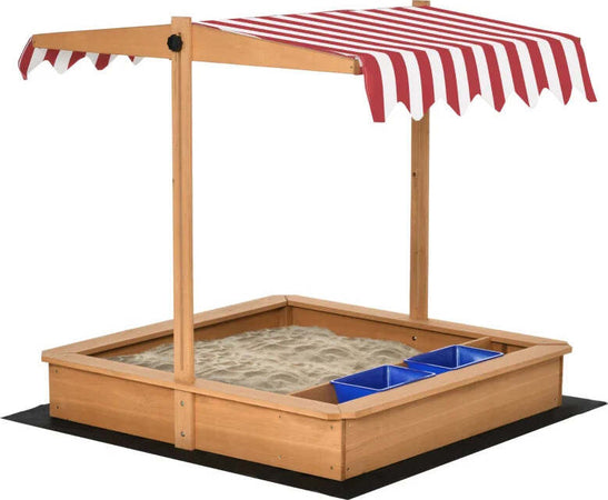 Sabbiera-per-Bambini-in-Legno-con-Tettuccio-Regolabile,-Sedute-e-Vaschette,-107.5x107.5x110-cm-FG6343-053FG6