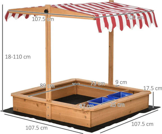 Sabbiera-per-Bambini-in-Legno-con-Tettuccio-Regolabile,-Sedute-e-Vaschette,-107.5x107.5x110-cm-FG6343-053FG6