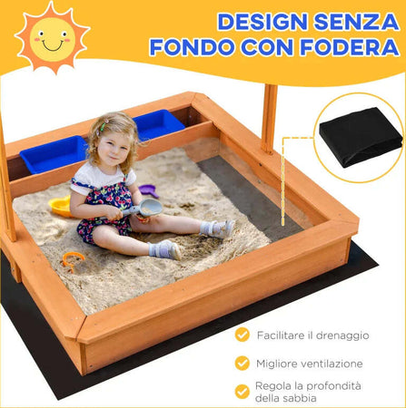 Sabbiera-per-Bambini-in-Legno-con-Tettuccio-Regolabile,-Sedute-e-Vaschette,-107.5x107.5x110-cm-FG6343-053FG6
