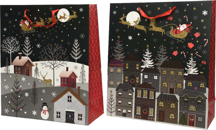 Sacchetto per confezioni regalo natalizie decorato con case e palazzi, manici rossi Casa e cucina/Decorazioni per interni/Addobbi e decorazioni per ricorrenze/Decorazioni natalizie/Oggettistica MagiediNatale.it - Altamura, Commerciovirtuoso.it