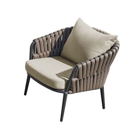 Salottino da esterno Simo composto da divano, due poltrone e doppio tavolino colore antracite, tortora con cuscini beige