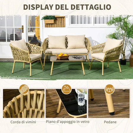 Salotto-da-Esterno-con-Divano-2-Posti,-2-Poltrone-con-Cuscini-e-Tavolino-in-Vetro-860-321V00KK