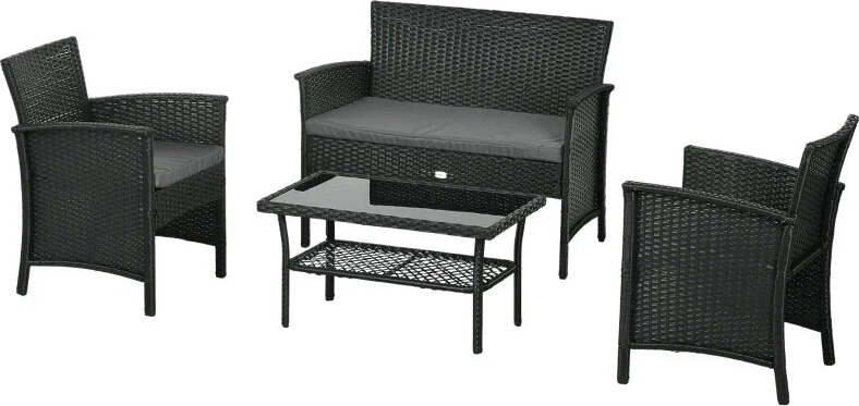 Salotto-da-Esterno-Rattan-PE-con-Divanetto,-2-Poltrone-con-Cuscini-e-Tavolino-in-Vetro,-Nero-e-Grigio-860-331V00GY