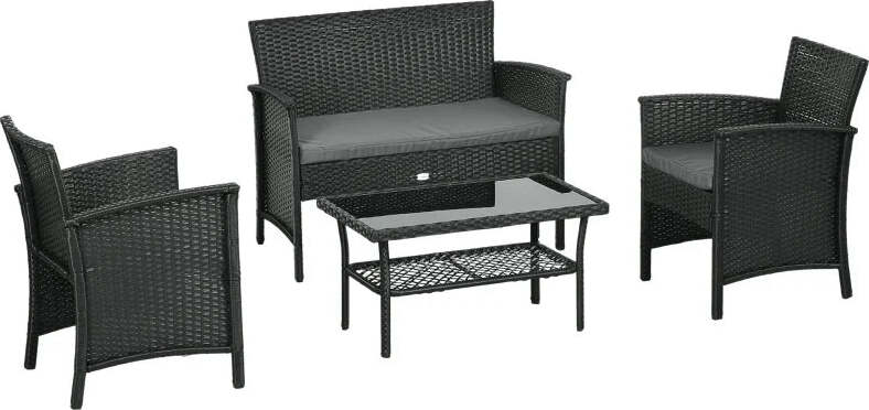 Salotto-da-Esterno-Rattan-PE-con-Divanetto,-2-Poltrone-con-Cuscini-e-Tavolino-in-Vetro,-Nero-e-Grigio-860-331V00GY