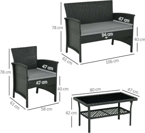 Salotto-da-Esterno-Rattan-PE-con-Divanetto,-2-Poltrone-con-Cuscini-e-Tavolino-in-Vetro,-Nero-e-Grigio-860-331V00GY