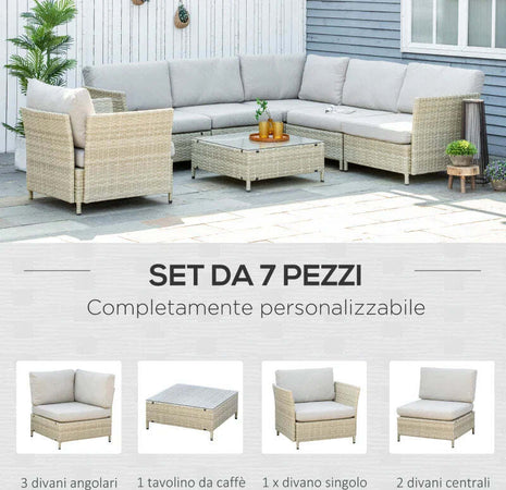 Salotto-da-Giardino-7-Pezzi-Modulabile-in-Rattan-PE-con-Cuscini,-Beige-860-253V00BG