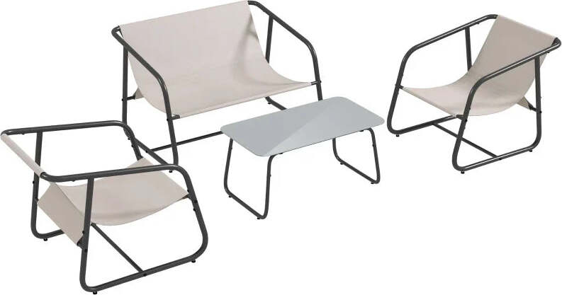 Salotto-da-Giardino-con-Divanetto,-2-Poltrone-e-Tavolino-in-Acciaio-e-Tessuto-a-Rete,-Crema-84G-400V00GY