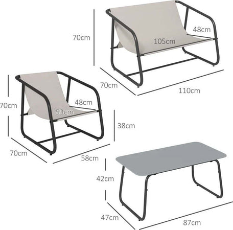 Salotto-da-Giardino-con-Divanetto,-2-Poltrone-e-Tavolino-in-Acciaio-e-Tessuto-a-Rete,-Crema-84G-400V00GY
