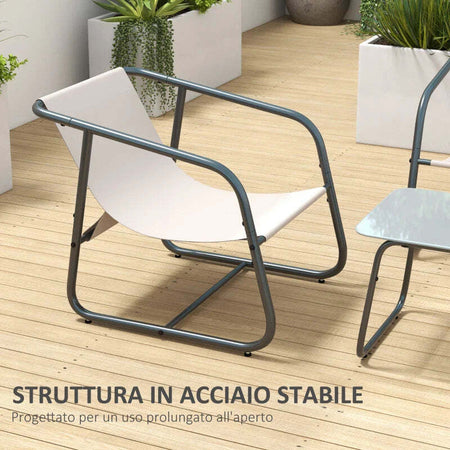 Salotto-da-Giardino-con-Divanetto,-2-Poltrone-e-Tavolino-in-Acciaio-e-Tessuto-a-Rete,-Crema-84G-400V00GY