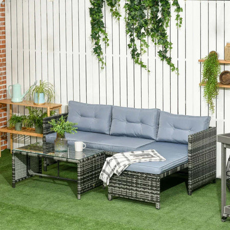 Salotto-da-Giardino-con-Divanetto,-Chaise-Longue-e-Tavolino-in-Rattan-PE-con-Cuscini,-Grigio-860-121V00GY