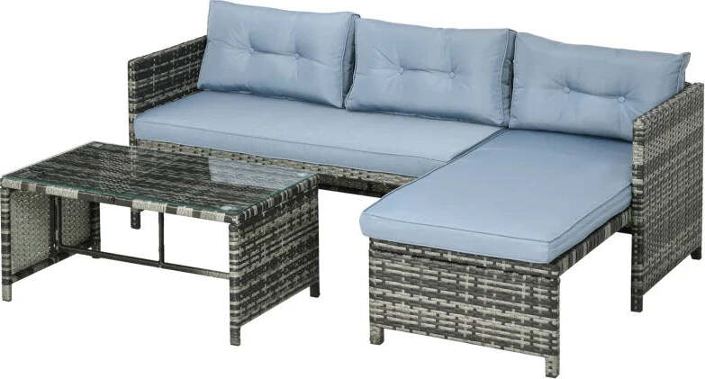 Salotto-da-Giardino-con-Divanetto,-Chaise-Longue-e-Tavolino-in-Rattan-PE-con-Cuscini,-Grigio-860-121V00GY