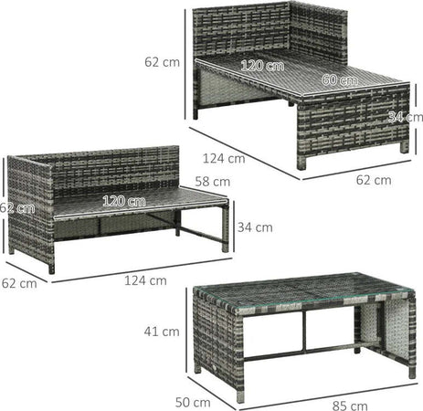 Salotto-da-Giardino-con-Divanetto,-Chaise-Longue-e-Tavolino-in-Rattan-PE-con-Cuscini,-Grigio-860-121V00GY