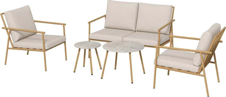 Salotto-da-Giardino-con-Divano,-2-Poltroncine-e-2-Tavolini-Effetto-Bambù-con-Cuscini,-Marrone-84G-272V00BN