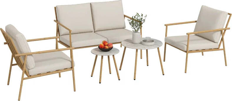 Salotto-da-Giardino-con-Divano,-2-Poltroncine-e-2-Tavolini-Effetto-Bambù-con-Cuscini,-Marrone-84G-272V00BN