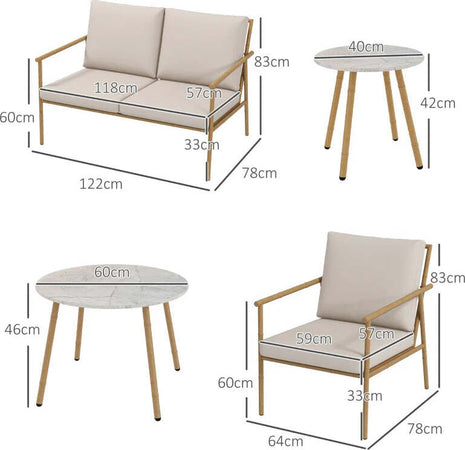 Salotto-da-Giardino-con-Divano,-2-Poltroncine-e-2-Tavolini-Effetto-Bambù-con-Cuscini,-Marrone-84G-272V00BN