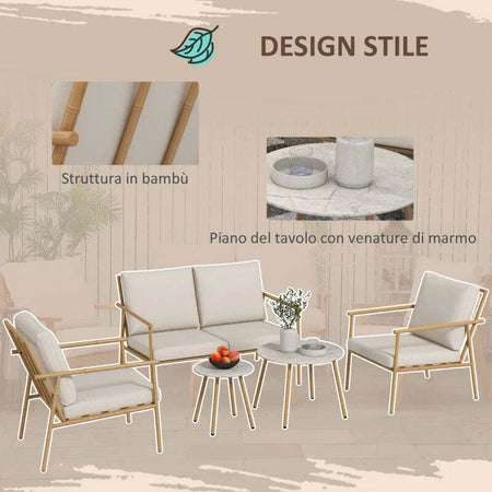 Salotto-da-Giardino-con-Divano,-2-Poltroncine-e-2-Tavolini-Effetto-Bambù-con-Cuscini,-Marrone-84G-272V00BN