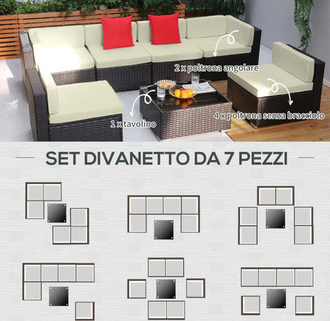 Salotto-da-Giardino-in-Rattan-da-7-Pezzi-con-Tavolino-e-Divano-Modulabile-con-Cuscini,-Crema-860-020