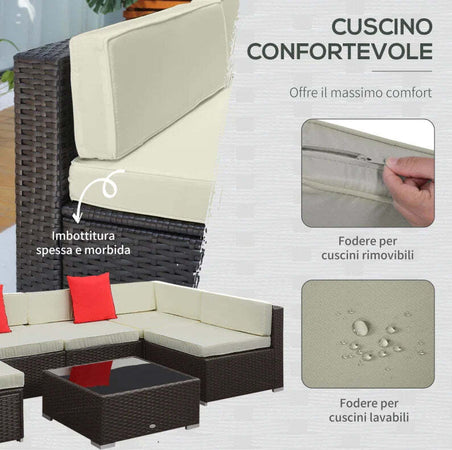 Salotto-da-Giardino-in-Rattan-da-7-Pezzi-con-Tavolino-e-Divano-Modulabile-con-Cuscini,-Crema-860-020
