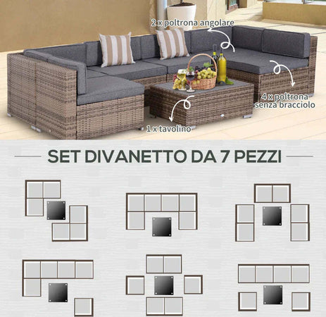 Salotto-da-Giardino-in-Rattan-da-7-Pezzi-con-Tavolino-e-Divano-Modulabile-con-Cuscini,-Grigio-860-020V03