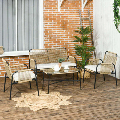 Salotto-da-Giardino-in-Rattan-PE-con-Divanetto-e-2-Poltrone-con-Cuscini,-Tavolino-in-Vetro,-Giallo-860-286V02YL