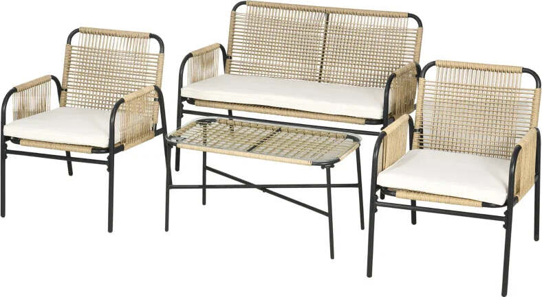 Salotto-da-Giardino-in-Rattan-PE-con-Divanetto-e-2-Poltrone-con-Cuscini,-Tavolino-in-Vetro,-Giallo-860-286V02YL