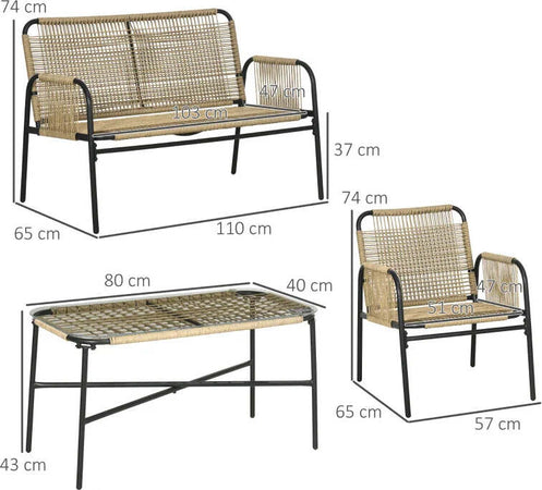 Salotto-da-Giardino-in-Rattan-PE-con-Divanetto-e-2-Poltrone-con-Cuscini,-Tavolino-in-Vetro,-Giallo-860-286V02YL