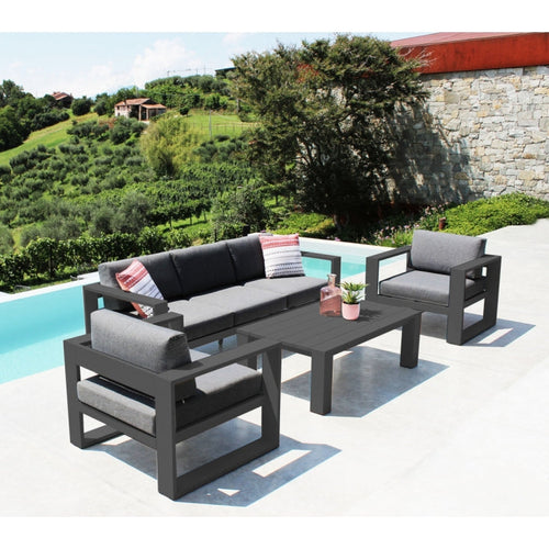 Salotto Guadalupa 3 poltrone con cuscini per esterno e giardino, in alluminio