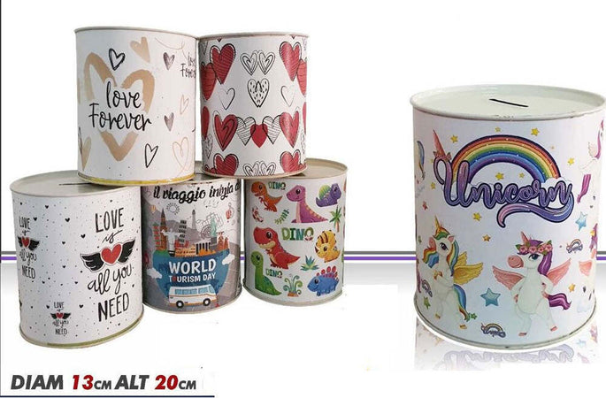 Salvadanaio Latta Misura Grande Monete Banconote Apertura Disegni Misti 13x20 Cm Casa e cucina/Decorazioni per interni/Decorazioni cameretta ragazzi/Salvadanai Trade Shop italia - Napoli, Commerciovirtuoso.it