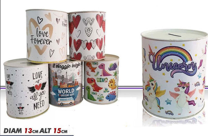 Salvadanaio Latta Misura Medio Monete Banconote Apertura Disegni Misti 15x13 Cm Casa e cucina/Decorazioni per interni/Decorazioni cameretta ragazzi/Salvadanai Trade Shop italia - Napoli, Commerciovirtuoso.it