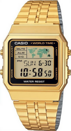 Orologio Casio unisex, A-500WGA-1D, versione gold con fusi orari, acciaio inossidabile, movimento al quarzo