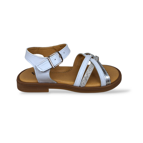 Sandali Bambina Eleganti Cerimonia Platis P3251 Bianco Argento Pelle Strass Comunione