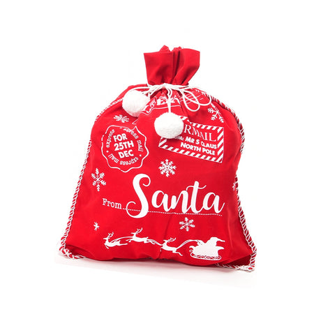 Sacco natalizio in velluto colore rosso e bianco con decorazioni natalizie