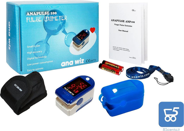 Saturimetro pulsiossimetro cardiofrequenzimetro da dito Anapulse ANP100 – Monitor SpO₂ & Battito su display LED con custodia batterie e cordino