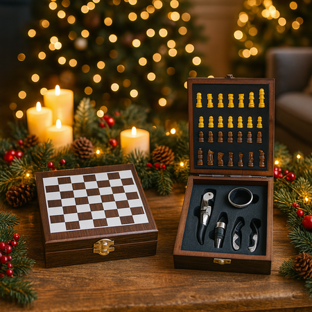 Set sommelier 4 accessori con scacchiera in acciaio e legno per decorazioni natalizie