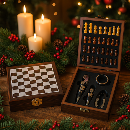 Set sommelier 4 accessori con scacchiera in acciaio e legno per decorazioni natalizie