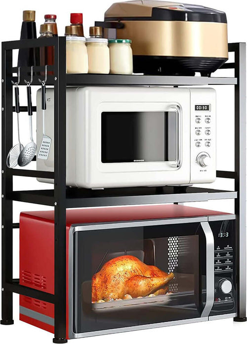 Scaffale-Porta-Microonde-Allungabile-2-Ripiani-Mensola-da-Cucina-in-Metallo-Nero