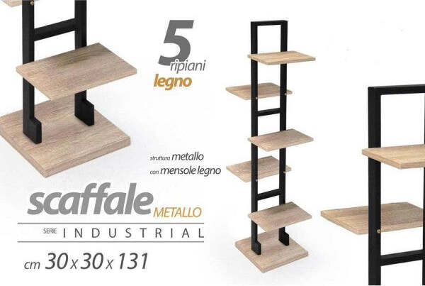 Scaffale-Portaoggetti-Libreria-5-Ripiani-Legno-30x30x131-Cm-Metallo-Nero-783197