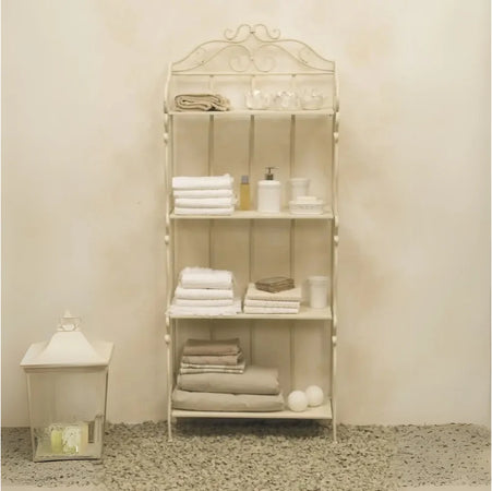 Scaffale Da Terra Stile Provenzale Ferro Bianco Intagliato 4 Ripiani