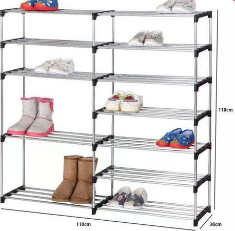 Scarpiera-Doppio-Scaffale-Multiuso-7-Ripiani-In-Metallo-Impilabile-110x30x110cm