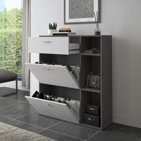 Scarpiera Takimi con 2 ante a ribalta 1 cassetto colore grafite e bianco