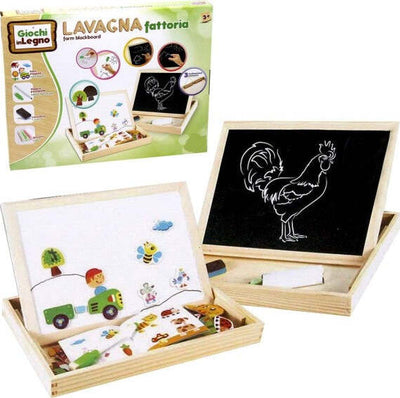 Scatola-Lavagna-In-Legno-2-Lati-Gessetti-Pennarelli-E-Magneti-Animali-Fattoria