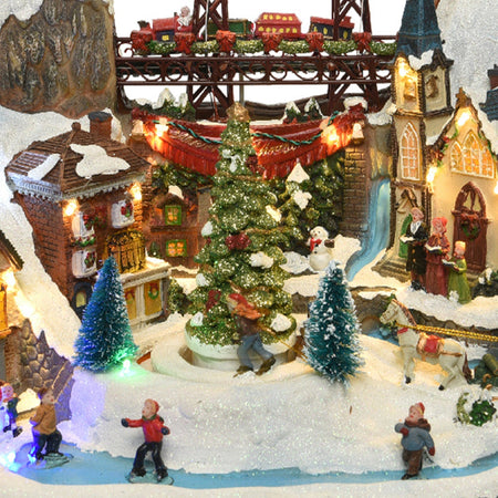 Scena animata a Led Persone del villaggio si divertono vicino l'Albero, decorazione da 39 cm