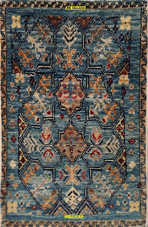 Scendiletto-Sultanabad-Ziegler-Mini-Tappeto-60x37cm-Afghanistan-Disegni-Floreali-E-Geometrici-Moderni-Azzurro-Multicolore