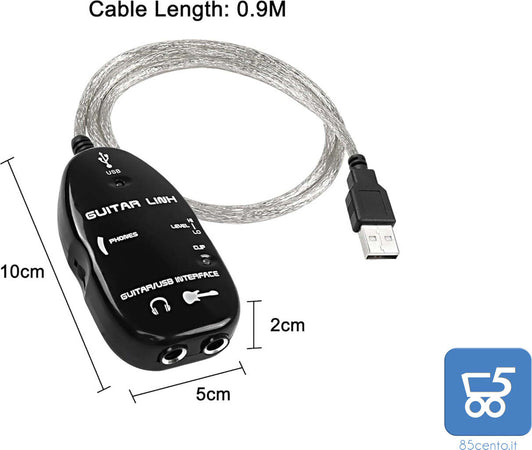 Scheda audio USB Guitar Link per Chitarra Adattatore USB di registrazione PC MAC Lunghezza 1 Metro con Uscita Cuffie